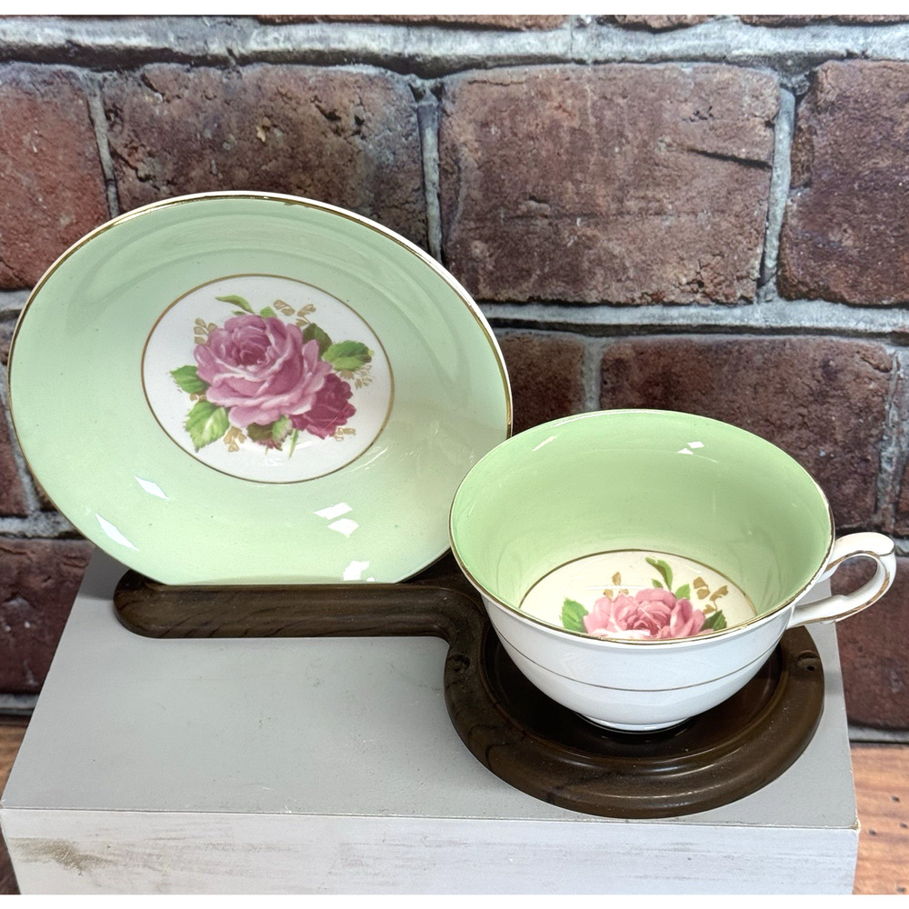 Vtg Taylor‎ & Kent Tea Cup Saucer Set England Mint Green Pink Cabbage Rose 1950s